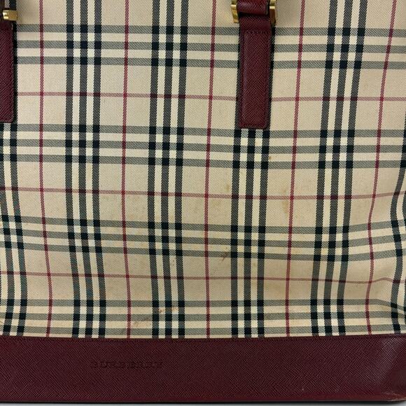 Burberry Nova Check Tote Bag Beige Black Burgundy Plaid Authentic ISSUES READ - Picture 10 of 16